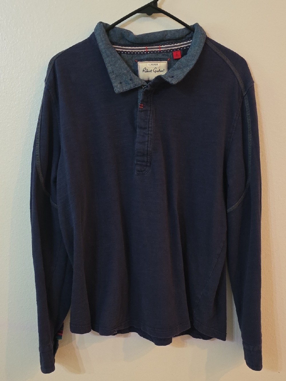 Robert Graham Medium/Large Dark Navy Long Sleeve Polo with Chambray Collar